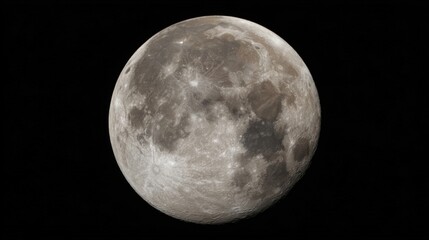 A detailed view of the full moon against a black background, showcasing craters, ridges,