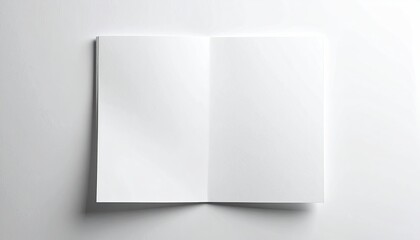 Overhead shot of an opened blank book, showing two pristine white pages on a surface