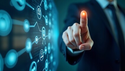 Businessman interacts with glowing digital network interface on a futuristic screen