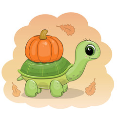 A cute cartoon Tortoise with pumpkin. Vector illustration of animal with vegetable and orange background with autumn leaves.