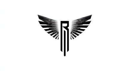 Abstract winged emblem with letter r symbol on white background