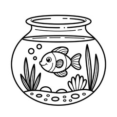 Cute Fish in Aquarium Coloring Page, Underwater Scene for Kids, Printable Fish Drawing