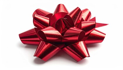 Glossy red gift bow, starburst design, set against a stark white background