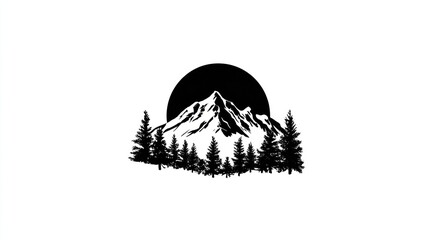 Obraz premium Mountain silhouette with sun and trees illustration isolated on white