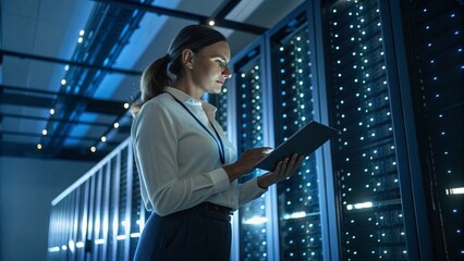 Female IT Engineer Reviewing Security Logs on Tablet in High Tech Data Center for Network Safety