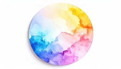 Abstract round art piece; watercolor effect, blended rainbow hues, white background