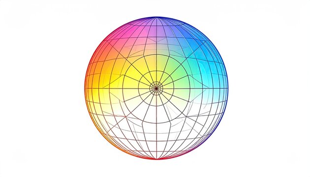 A rainbow-colored sphere with wireframe and light gradient against a white background - Powered by Adobe