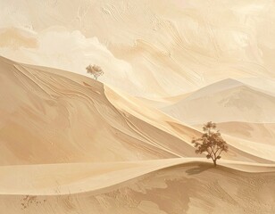 Abstract Landscape with Tan Hills and Sparse Trees Illustration