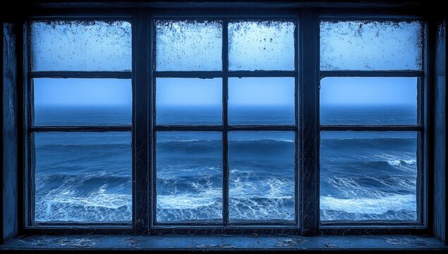 Fototapeta Wavy sea seen through old, frosted window in cool tones