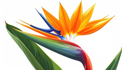 Brightly colored bird of paradise flower with long leaves against a white background