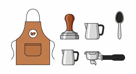 Professional barista tools including apron, tamper, milk pitchers, and portafilter, perfect for cafe branding and coffee shop design