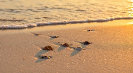 Coastal Serenity: Golden light bathes a tranquil beach, illuminating delicate seashells scattered on the wet sand as gentle waves lap the shore, creating a scene of peaceful coastal beauty.