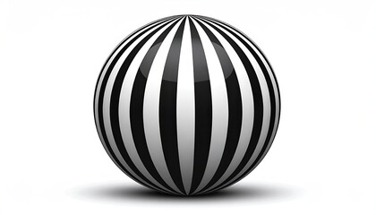 A glossy spherical object with alternating black and white vertical stripes, shadows