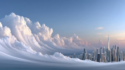 Exploring the Concept of a Floating Smart City Built on Light Beams Above Soft White Clouds in a Gentle Sunlit Environment