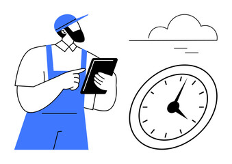 Worker in cap and overalls using tablet next to an analog clock under a cloud. Ideal for time management, scheduling, digital tools, efficiency, workforce planning, modern labor, simple flat metaphor