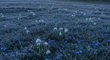Frozen Meadow: Snowdrop flowers blanket a frozen meadow at dawn. A visual poem to the beauty of frost and nature.