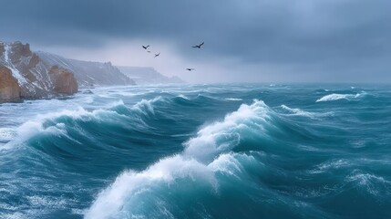 A Majestic Bird Soars Over Tumultuous Ocean Waves, Defying the Stormy Sky with Stunning Freedom