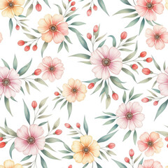 Gentle Floral Pattern with Soft Pastel Colors A Delicate and Serene Design Featuring Flowers and Leaves Perfect for Springtime Projects and Feminine Decor