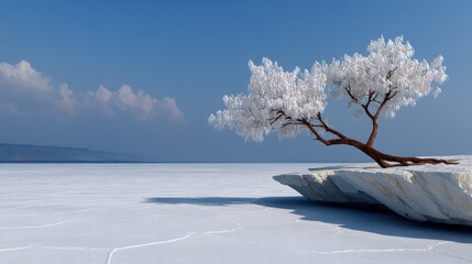 A Stunning Tree Defying Gravity on a Frozen Lake Surrounded by a Vast White Wonderland of Sparkling Fantasy