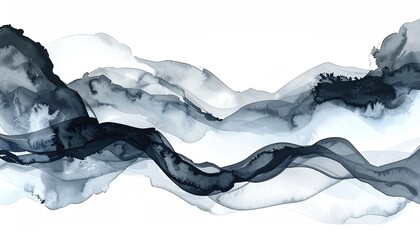 Abstract watercolor painting of flowing, layered dark blue & grey washes on white