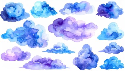 Watercolor cloud collection in shades of blue, purple, and hints of gold glitter
