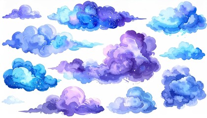 Watercolor clouds in varying shades of blue and purple, some with starry details