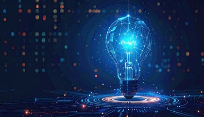 Abstract Lightbulb Design Created with Glowing Particles on Dark Blue Background with Circuit Board Texture Technology Concept
