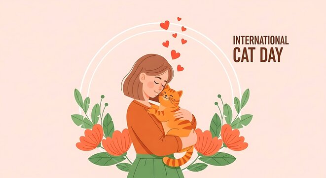 National cat day international cat day illustration featuring a woman hugging her ginger cat, surrounded by flowers and hearts, celebrating the love for feline friends - Powered by Adobe