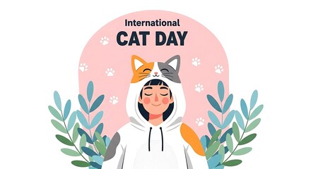 National cat day a person wearing a cat hoodie to celebrate international cat day isolated on white background the design features a cute illustration with a pink background