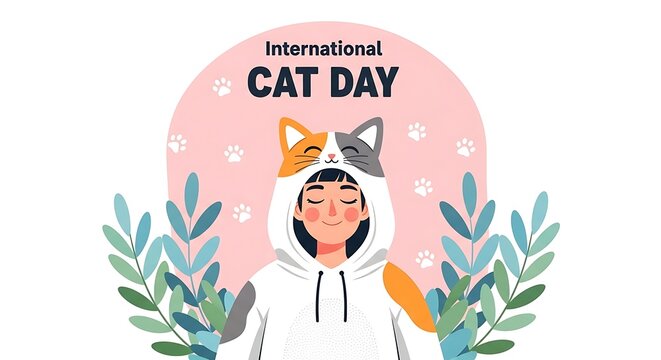 National cat day a person wearing a cat hoodie to celebrate international cat day isolated on white background the design features a cute illustration with a pink background - Powered by Adobe
