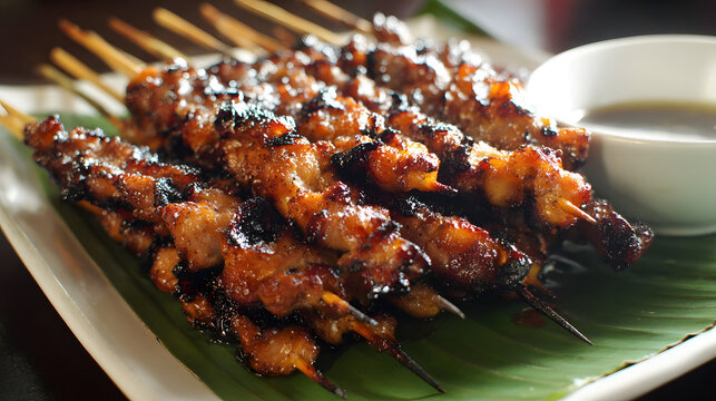 Grilled Filipino Isaw Skewers Over Charcoal Served with Dipping Sauce on a Leafy Plate