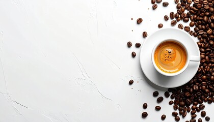 Espresso in a white cup on a saucer, surrounded by roasted coffee beans on white