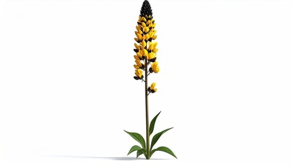 A tall, slender plant with a vibrant yellow flower spike, black at the top