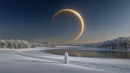 A Solitary Figure in a Snowy Wonderland Gazes at an Enchanted Lake Veiled by Imagination