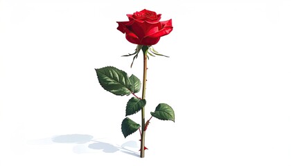 A vibrant red rose with green leaves and thorns isolated on a white background