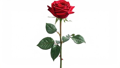 Isolated, vibrant red rose on stem with leaves, against a stark white background