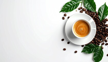 Espresso cup with coffee, beans, green leaves on a white background