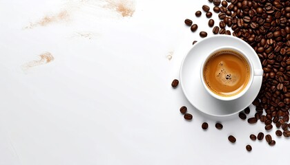 Coffee cup on saucer with espresso, beans scattered on a white surface
