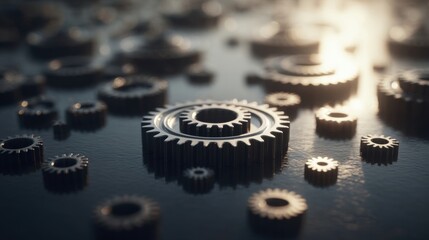 Metallic gears scattered on reflective surface, largest central gear with deep teeth, smaller gears around,