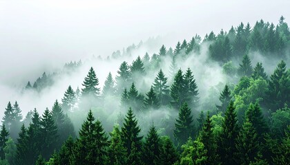Lush evergreen forest shrouded in mist, creating a serene and ethereal landscape