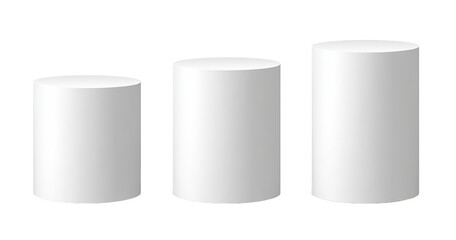 Three white cylinders of varying heights, arranged horizontally