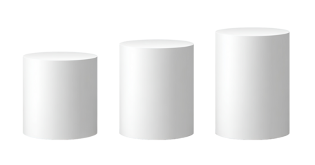 Three white cylinders of varying heights, arranged horizontally