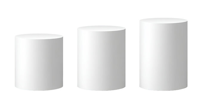Three white cylinders of varying heights, arranged horizontally