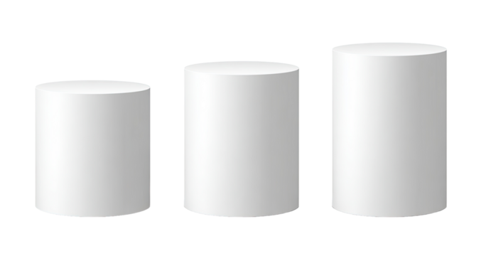 Three white cylinders of varying heights, arranged horizontally