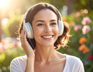 Happy woman listening to music outdoors