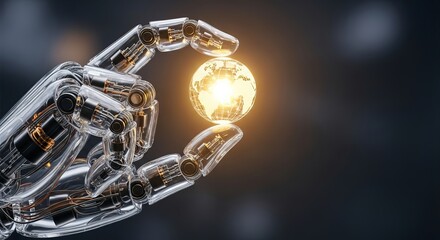A robot hand holds a glowing coin, symbolizing the future of finance and digital currency
