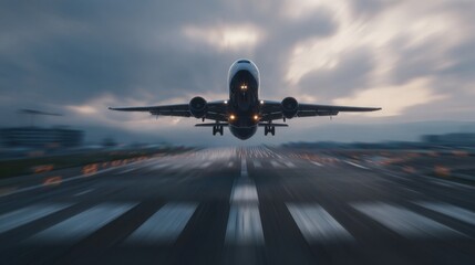 Fototapeta premium An airplane ascends vertically during dawn or dusk, with retracted landing gear, a distant runway, blurred lights,