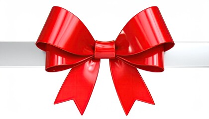 A shiny red ribbon bow centered on a horizontal silver ribbon, white backdrop