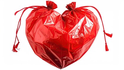 A heart shape formed from two red plastic bags, tied closed with drawstrings