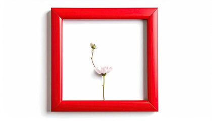 Square red frame with a single pink flower on a white background